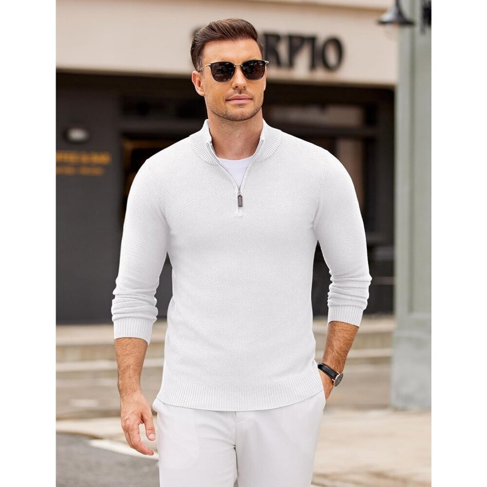 Men's Slim Fit Quarter Zip Pullover Sweater Knit Mock Neck Polo White Sweater - Picture 2 of 6